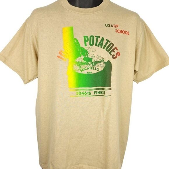 Idaho Potatoes T Shirt Vintage 80s 5046th USARF School Army Military 50/50 Large - Picture 1 of 7